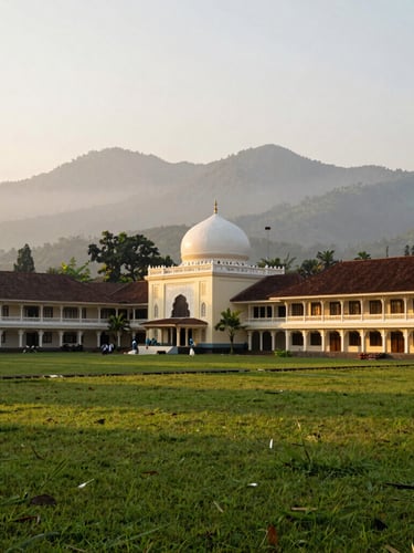 Wide shot of a lush green pesantren campus in West Java during golden hour, elegant traditional Indonesian-Islamic architecture, misty mountains in the background, soft warm lighting.