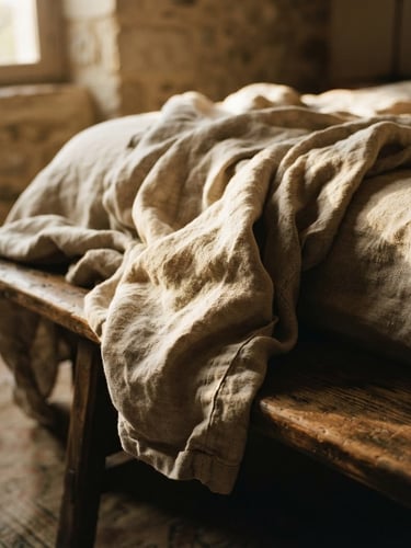 Close-up of heavyweight rumpled linen sheets draped over a rustic wooden bench, soft low-angle afternoon sun casting deep shadows, highlighting the rich fabric weave, warm desaturated tones, 35mm photography.