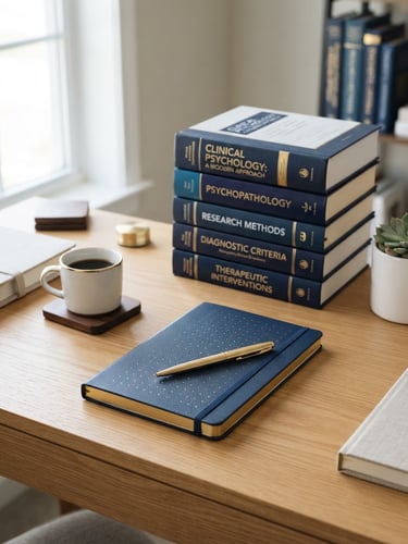 A structured study desk with a navy leather notebook, gold pen, and clinical psychology books under bright natural studio light, 35mm