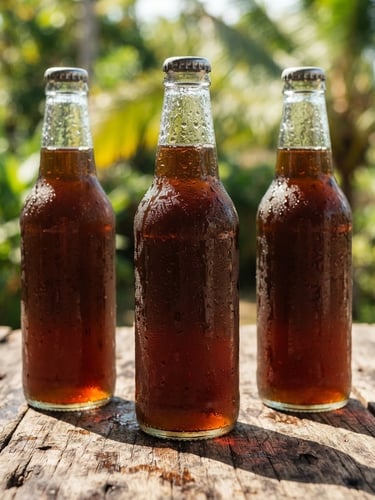 Eye-level macro shot of condensation-covered glass bottles of Shwin Tamarind Tea standing on a rustic wooden counter under bright tropical afternoon sunlight with sharp shadows.