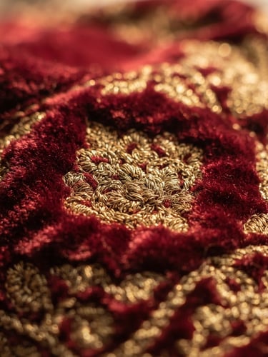 Close-up of premium deep crimson velvet peci fabric, showing the fine gold thread stitching details and rich texture, warm morning window lighting, shallow depth of field