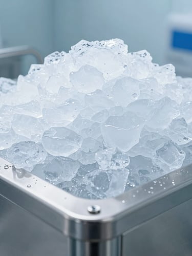 Industrial stainless steel ice generator producing fresh flake ice in a sterile, clinical factory environment, cool blue tones, professional photography