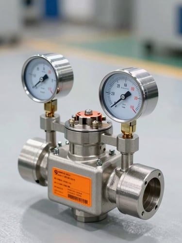 Close-up of a stainless steel explosion-proof solenoid valve box, technical gauges, clean factory floor daylight, cool steel tones with safety orange labels