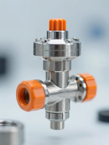 Close-up macro shot of a stainless steel high-pressure sampling valve, clean industrial setting, cool steel tones with safety orange accents, sharp technical focus