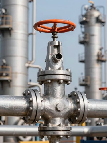 Industrial refinery tower background, close-up of heavy-duty stainless steel piping and valves, clean daylight, cool steel tones