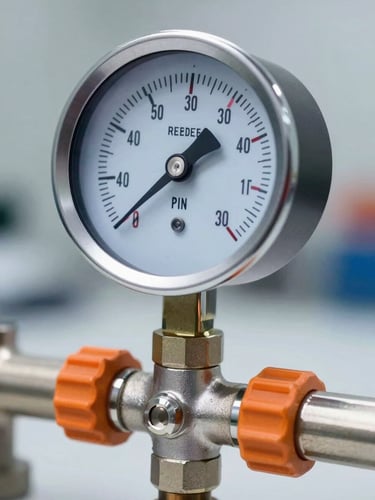 Macro shot of a pressure testing gauge showing high PSI readings, steel pipe connection, sharp focus, industrial quality control