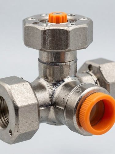 Close-up macro shot of a stainless steel industrial sampling valve, high-contrast cool studio lighting, safety orange indicator accent, sharp focus on steel welds and material traceability markings.