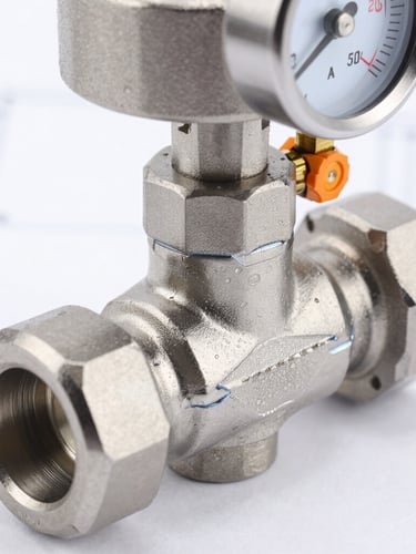 Macro close-up of a stainless steel industrial sampling valve, clean high-contrast studio lighting, cool metallic steel tones, sharp focus on precision welds and pressure gauge, technical blueprint lines subtly visible in the background