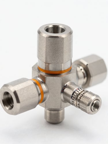 Macro shot of a high-precision stainless steel chemical sampler valve, clean studio lighting, cool steel tones, safety orange indicator line, sharp focus on welds
