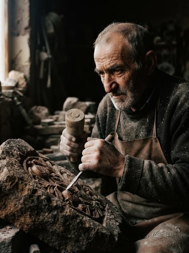 A close-up archival portrait of an elder artisan carving stone, high-contrast natural side-lighting, deep obsidian shadows, warm stone tones, 35mm.