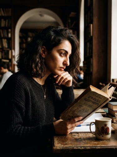 A high-contrast side-lit portrait of a young Armenian-American scholar in an academic setting, deep expressive eyes, warm natural light, editorial documentary style, 35mm.