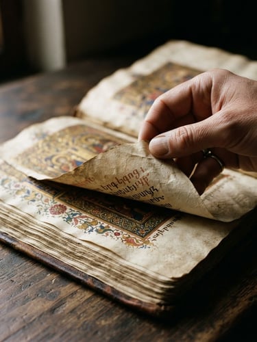 Close-up of a hand carefully turning the page of an ancient, illuminated Armenian manuscript, natural high-contrast side-lighting, rich textures of aged parchment, 35mm