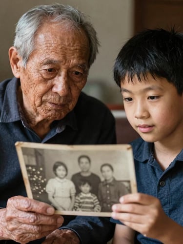 A multi-generational portrait of an elder and a young student looking at an old family photograph together, warm natural side-lighting, deep expressive eyes, 35mm