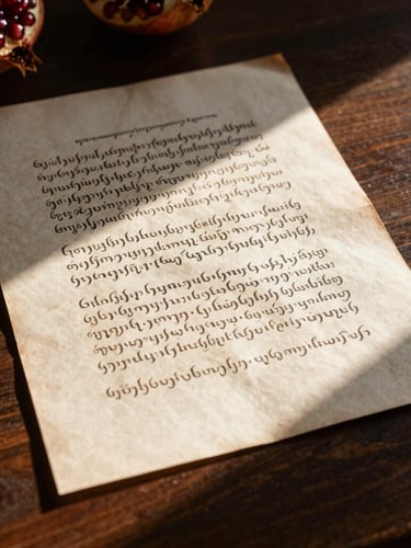 An archival document with elegant Armenian script resting on a dark wooden table, warm sunlight casting deep shadows across the paper texture, 35mm