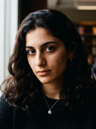 Close-up portrait of an Armenian-American student looking forward with deep, expressive eyes, natural high-contrast side-lighting, rich deep tones, 35mm