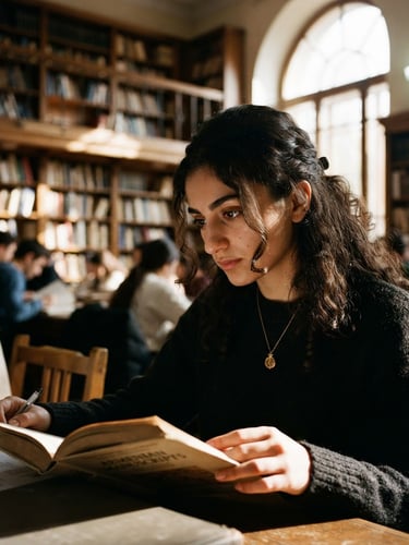 A close-up portrait of a young Armenian-American scholar in a sunlit university library, natural high-contrast side-lighting, expressive eyes, editorial documentary style, 35mm