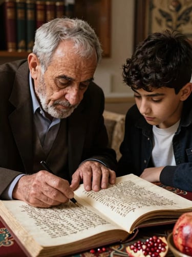 A medium documentary shot of an elder and a young student studying historical Armenian manuscripts together, warm side-lighting, rich textures, 35mm.