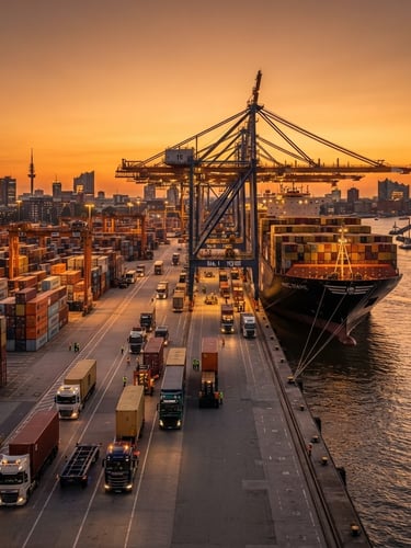 Wide panoramic shot of a container ship being loaded at a bustling port during golden hour, heavy-duty trucks waiting, crisp industrial lighting, rich deep tones, wide-angle lens, sharp focus, subject slightly to the right.