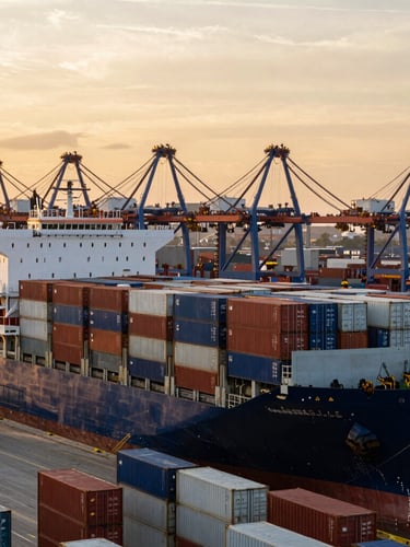 Wide panoramic view of a container ship being loaded at a bustling port during golden hour, focused on the containers, industrial editorial photography, deep rich tones