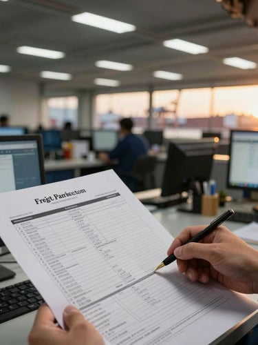 Close-up of a freight forwarding specialist reviewing shipping manifests on a computer, with a blurred background of a bustling port operations center, crisp industrial lighting.