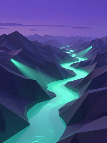 Wide panoramic surreal 3D render of low-poly digital mountains under a twilight sky, neon cyan glowing rivers cutting through the valleys, volumetric light shafts, octane render.
