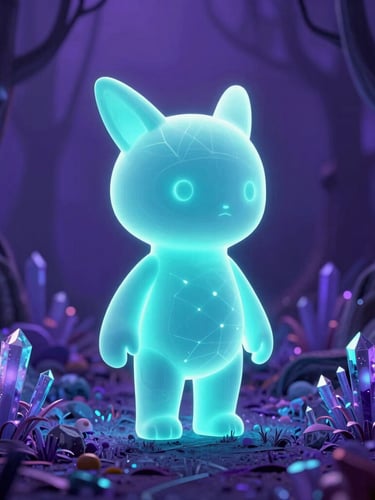 Portrait orientation 3D render of an abstract digital creature glowing with neon cyan light, navigating a deep violet forest of crystalline digital flora, octane render