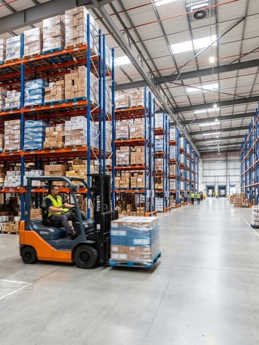 Wide-angle shot of modern warehouse interior, high-bay pallet racking, clean concrete floors, bright high-key industrial lighting, forklift in motion, blue and orange accents, focused on the left third.