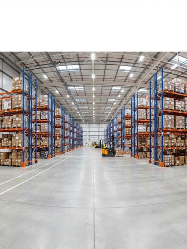 Wide panoramic shot of a modern warehouse interior, high-bay pallet racking, clean concrete floors, bright high-key industrial lighting, forklift in the distance, blue and orange accents.