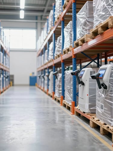 Portrait-oriented wide shot of clean warehouse aisle, high pallet racking, natural daylight from high windows, barcode scanning equipment visible, blue and orange accents, focused on the right half.