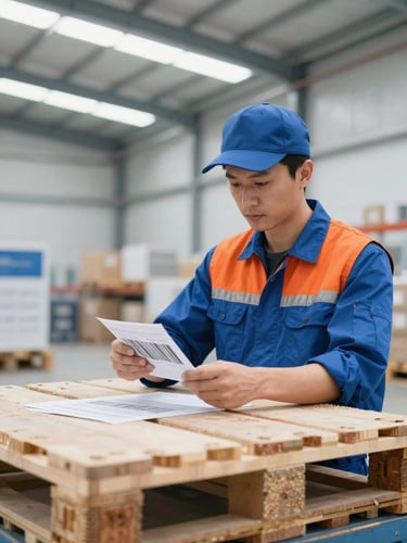 Portrait shot of a logistics team member scanning a barcode on a pallet, focused expression, bright industrial lighting, clean blue and orange accents.