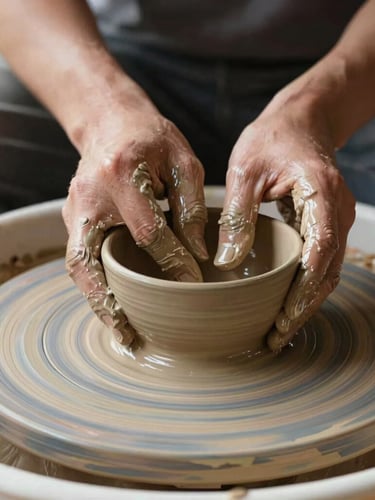 Close-up of potter's hands covered in wet clay shaping a delicate bowl on a spinning wooden wheel, warm morning window light, rich tactile textures, shallow depth of field