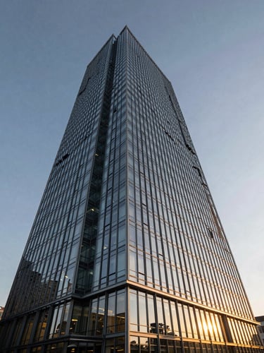 Dramatic wide-angle architectural rendering of a modern glass office tower in Brickell at twilight, low-angle looking up, high-contrast coastal light, sharp reflections, editorial realism
