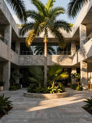 Vertical portrait of a lushly landscaped modern courtyard in Miami, concrete structures intertwined with tropical palms, dramatic shadows