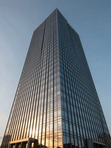 Dramatic low-angle architectural rendering of a modern glass skyscraper reflecting coastal golden hour light, high-contrast, sharp details, 35mm