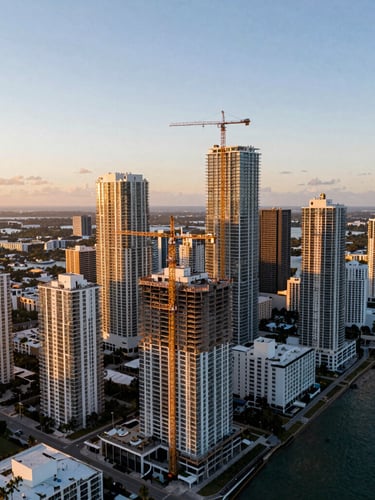 Wide-angle aerial drone photograph of Miami's coastal skyline at golden hour, active cranes atop under-construction residential towers, high-contrast light