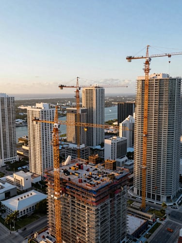 Wide-angle aerial drone shot of active construction cranes over Miami skyline, high-contrast morning light, coastal tones.