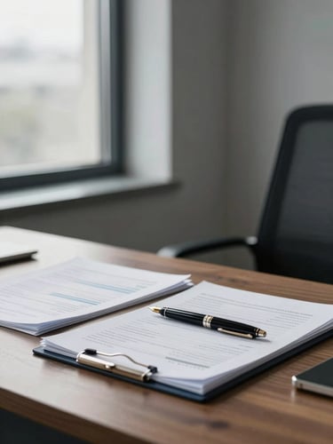 A clean modern office interior with soft window light illuminating a wooden desk, neatly organized financial documents, and a professional fountain pen, editorial corporate style
