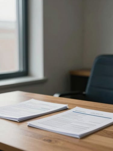 A professional, natural-light office interior in Valhalla, New York. Warm window light illuminating a clean wooden table with neat financial documents, soft focus background, editorial corporate style, 35mm.