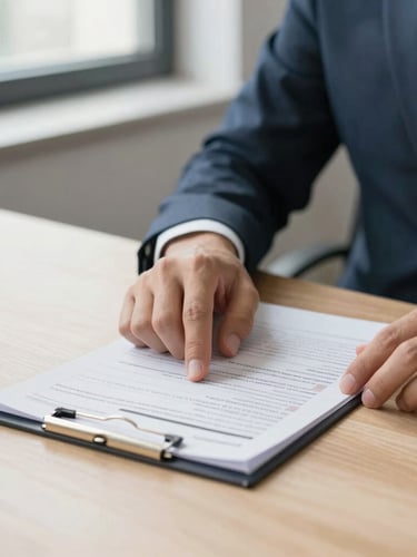 Editorial corporate photography, soft natural window light, a close-up of hands reviewing a structured financial statement on a clean wooden desk, professional 35mm