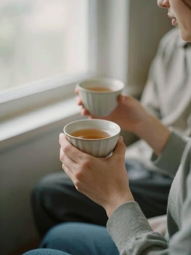 A quiet, close-up shot of two people in soft window light, one holding a warm cup of tea, muted sage and earthy tones, shallow depth of field, 35mm film.