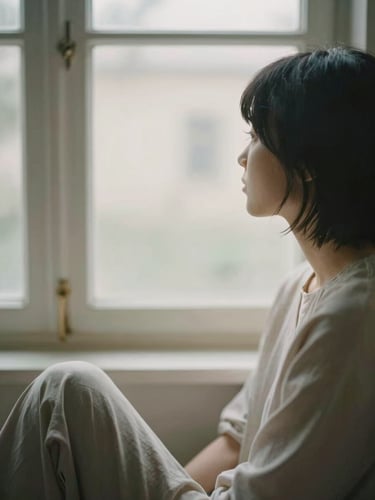 A person sitting quietly in a soft-lit room, looking out a window with diffused natural light, muted sage and earthy tones, shallow depth of field, 35mm film.