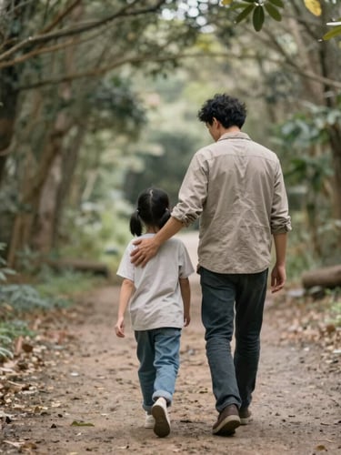 A supportive family member walking alongside a survivor on a quiet forest path, soft diffused natural light, muted earthy tones, shallow depth of field.