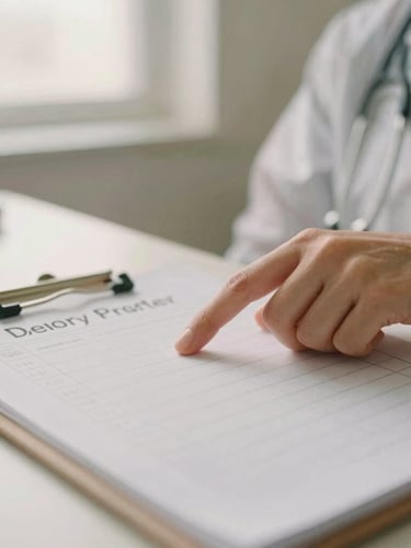 A close-up of a healthcare provider gently pointing to a clean, simple recovery chart on a desk, soft indirect light, warm desaturated tones, shallow depth of field.