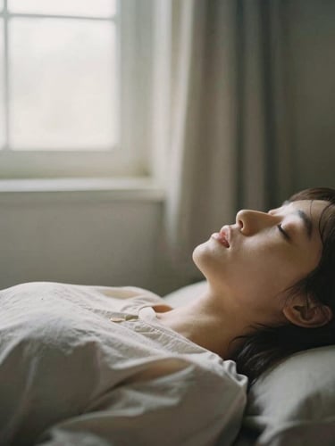 A person resting peacefully in a soft, sunlit room, diffused natural window light, muted earthy tones, shallow depth of field, 35mm film