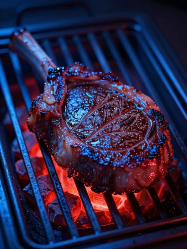 Extreme close-up of a premium ribeye steak on a dark metal grate, glowing red embers below, sharp electric blue neon side-lighting, high contrast, macro photography.