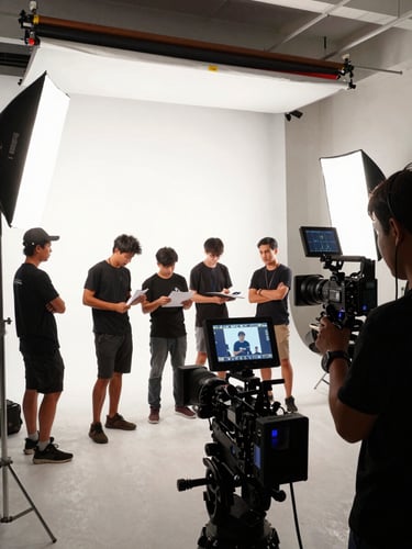 Close environmental wide shot of a Thai film crew staging a commercial shoot in a Bangkok studio, monitors and camera rigs in the foreground, crew members checking scripts and camera angles, bright studio strobes illuminating the set, documentary framing with operational detail