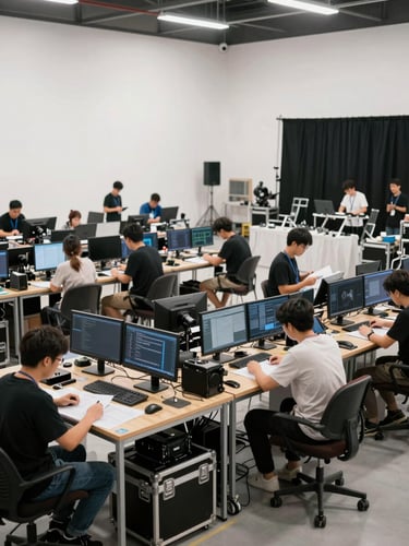 Wide environmental shot of a professional film production staging area, equipment cases and monitors arranged on tables, crew members reviewing documents under bright studio lighting, shot from a slight elevation showing operational scale