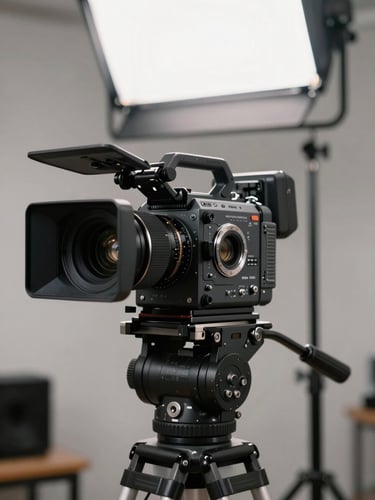 Close-up of a cinema camera body on a tripod head, lens mount visible, matte box attached, bright even studio strobe light from above, equipment staging area background, no people