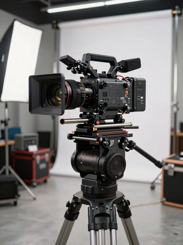 Close environmental shot of professional cinema camera on a heavy-duty rig inside a Thai rental house staging area, bright studio strobe lighting revealing equipment detail, cables and cases organized in the background, wide enough to show operational scale
