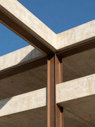 Macro structural detail of modern architectural concrete and bronze steel framing, sharp Mediterranean sun casting geometric shadows, high contrast